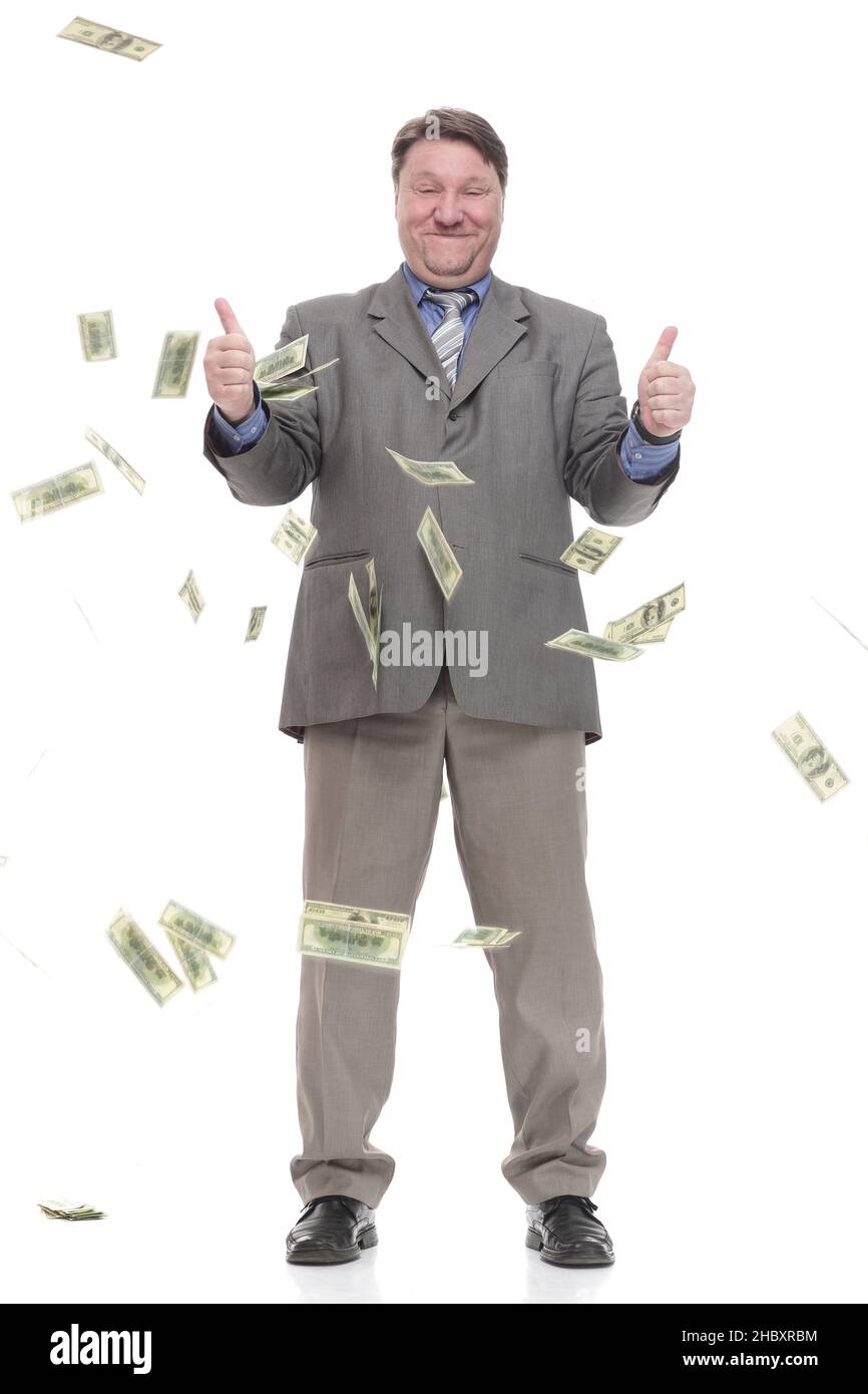 in full growth. happy man with dollar bills Stock Photo - Alamy