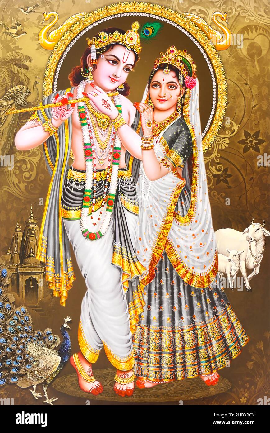 Illustration design of Lord Krishna playing flute with Radha Background Stock Photo