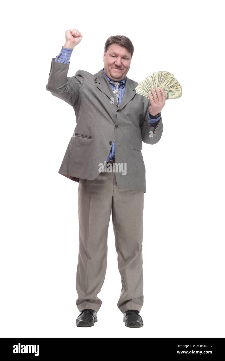 in full growth. happy man with dollar bills Stock Photo - Alamy