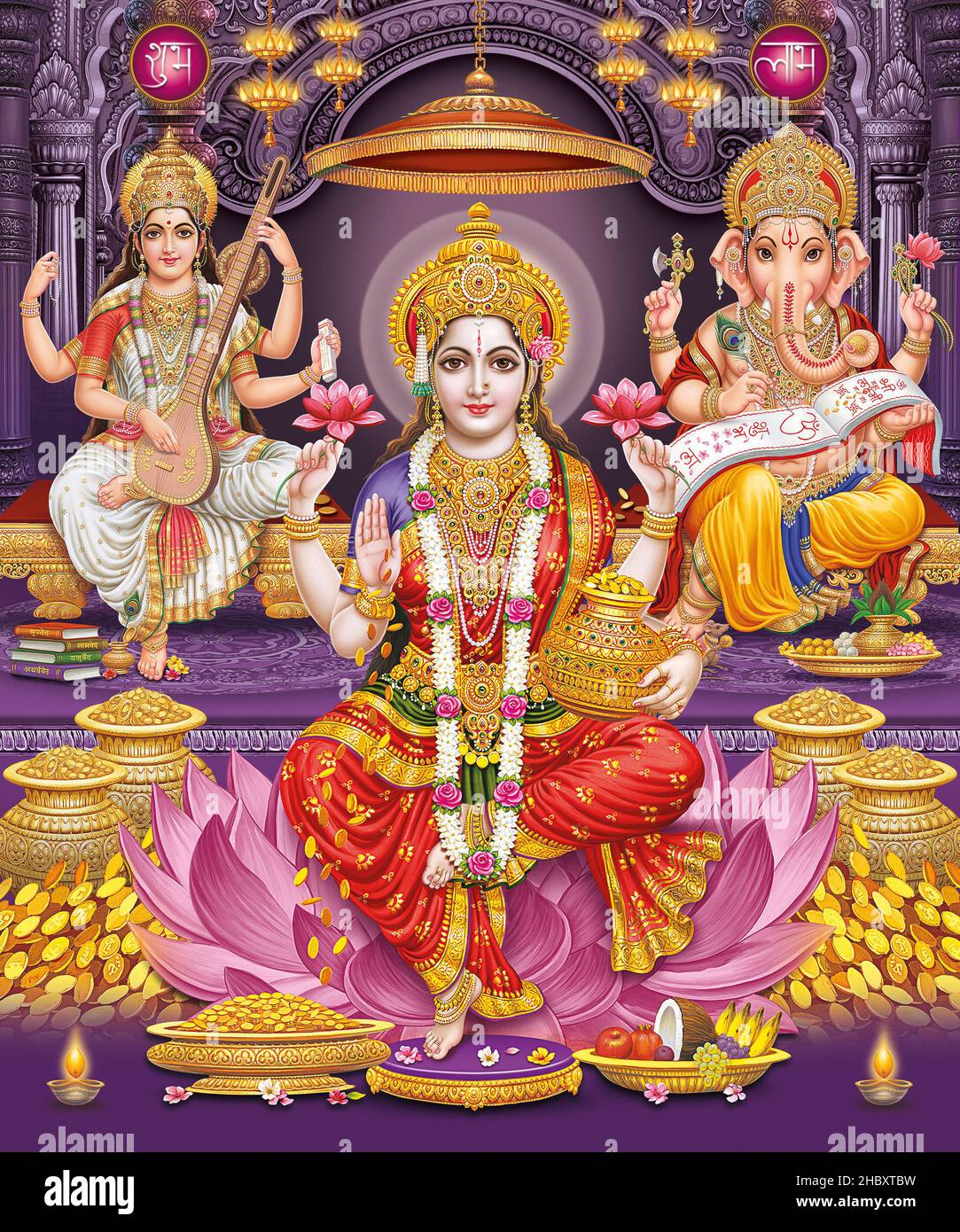 Lord Laxmi, Lord Ganesha, Lord Saraswati with colorful background wallpaper  , Diwali Pooja poster design for wallpaper Stock Photo - Alamy
