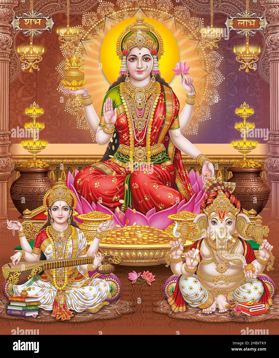 Lord Laxmi, Lord Ganesha, Lord Saraswati with colorful background ...
