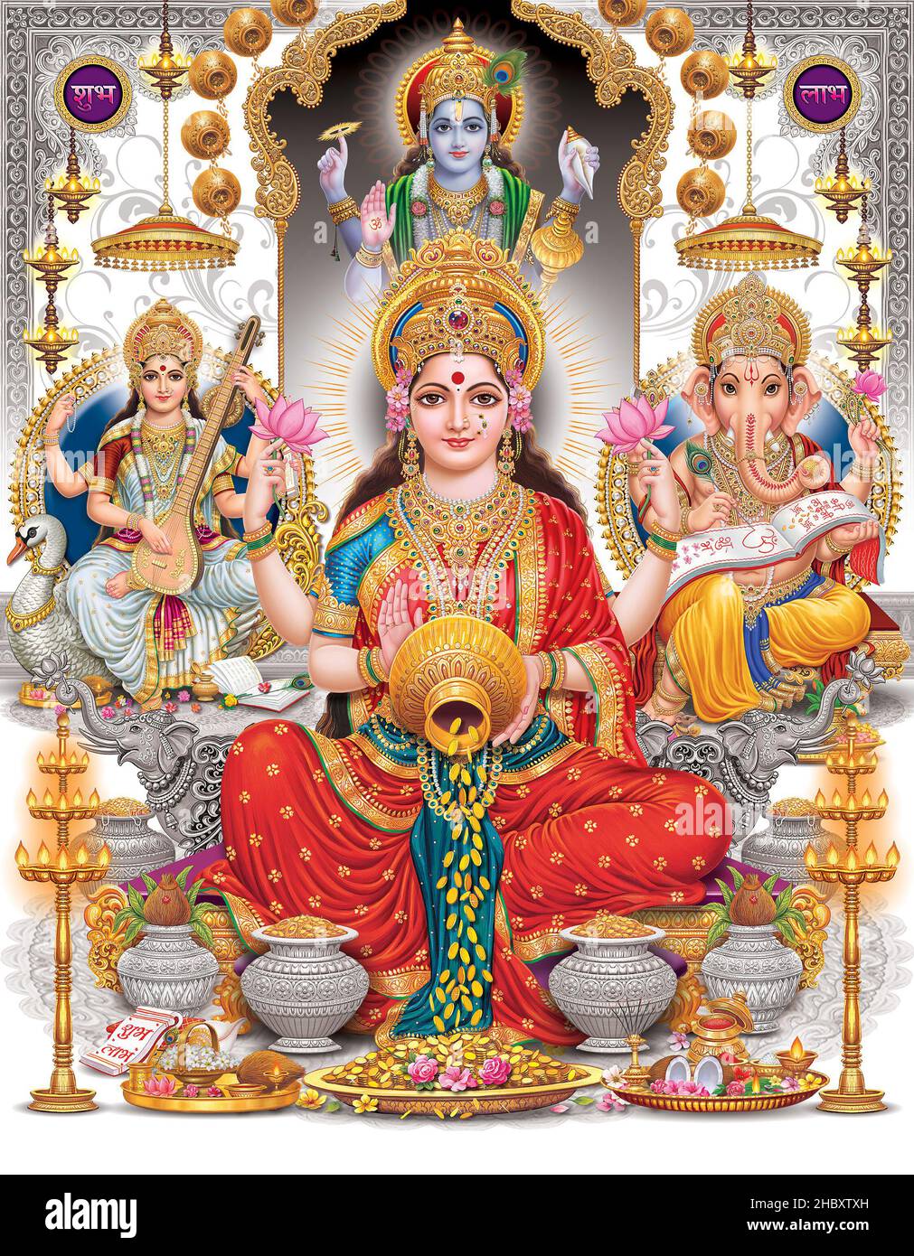 Lord Laxmi, Lord Ganesha, Lord Saraswati with colorful background wallpaper  , Diwali Pooja poster design for wallpaper Stock Photo - Alamy
