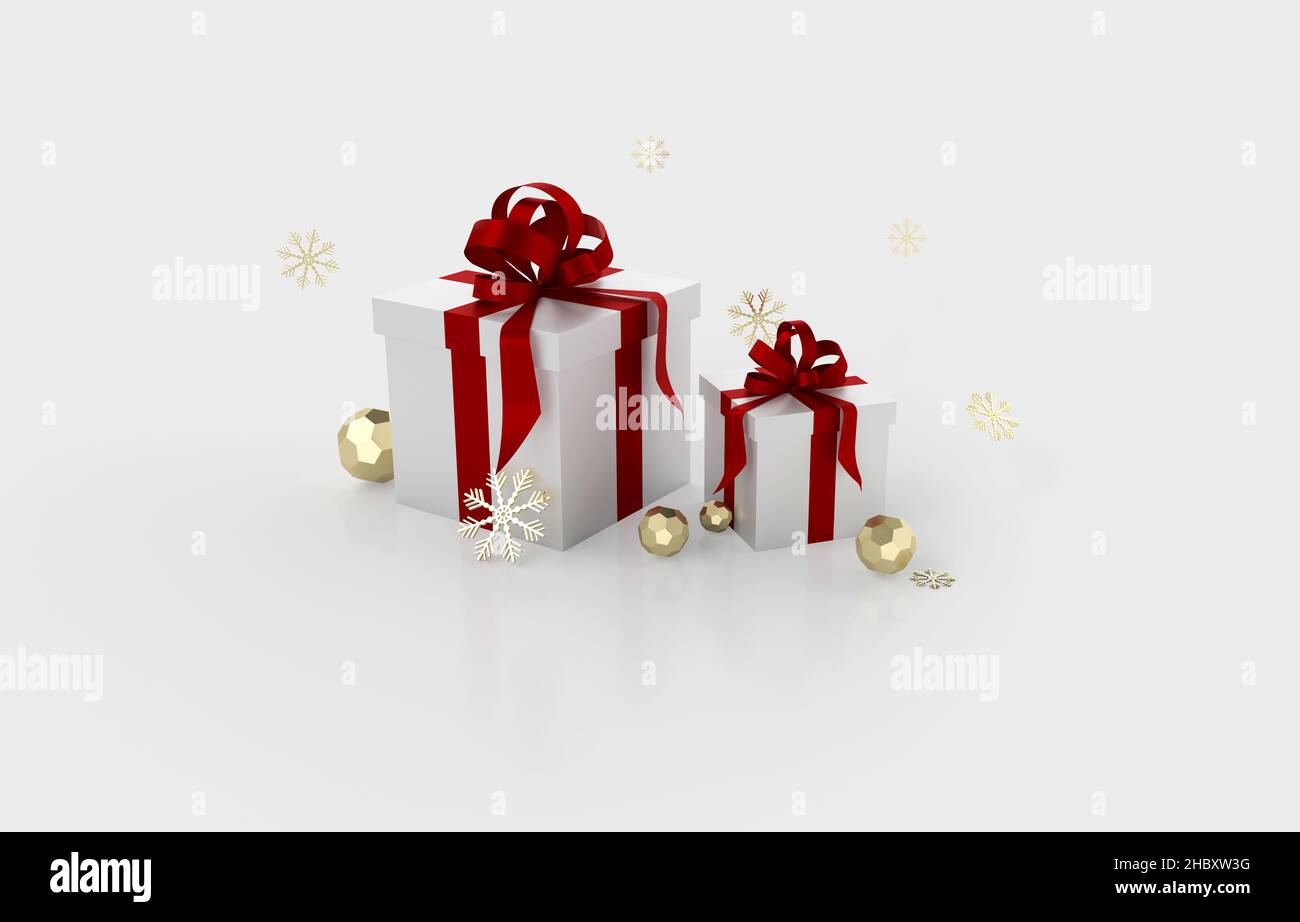 Gift boxes with red ribbons and bows, golden snowflakes and balls. 3D render background. Stock Photo