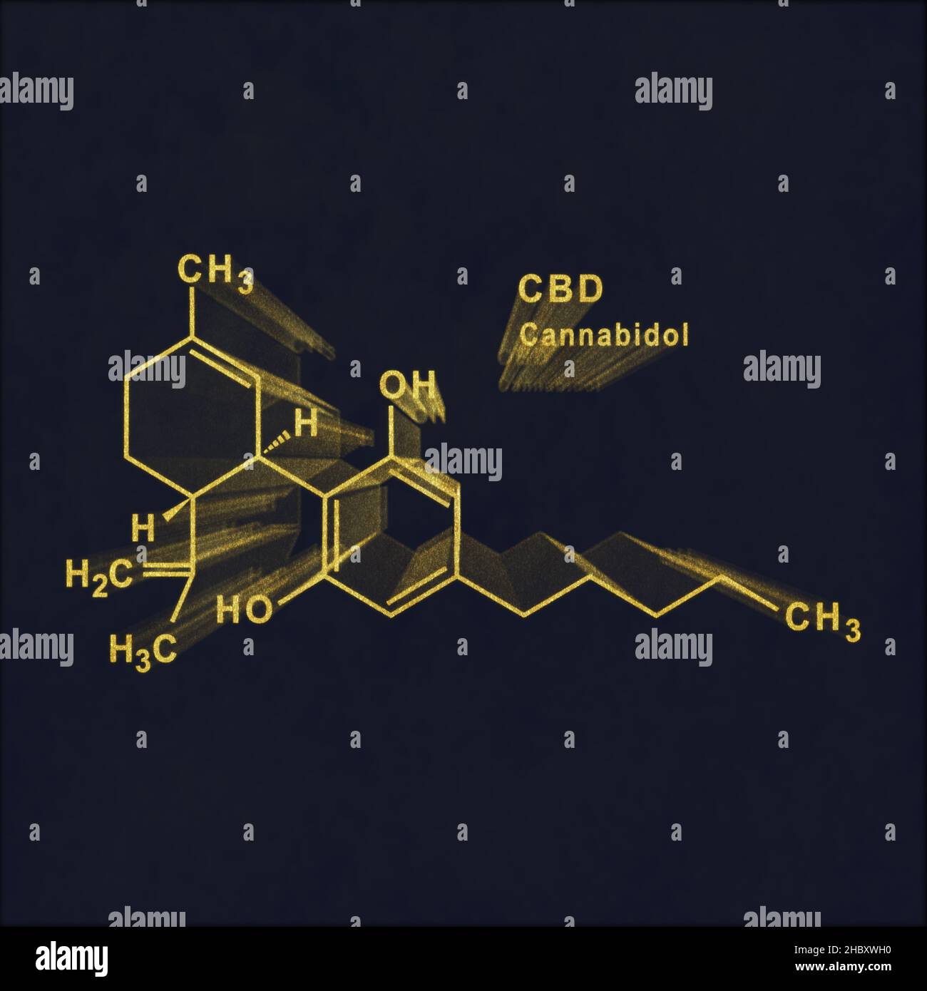 CBD Cannabidiol Structural chemical formula gold on dark background ...
