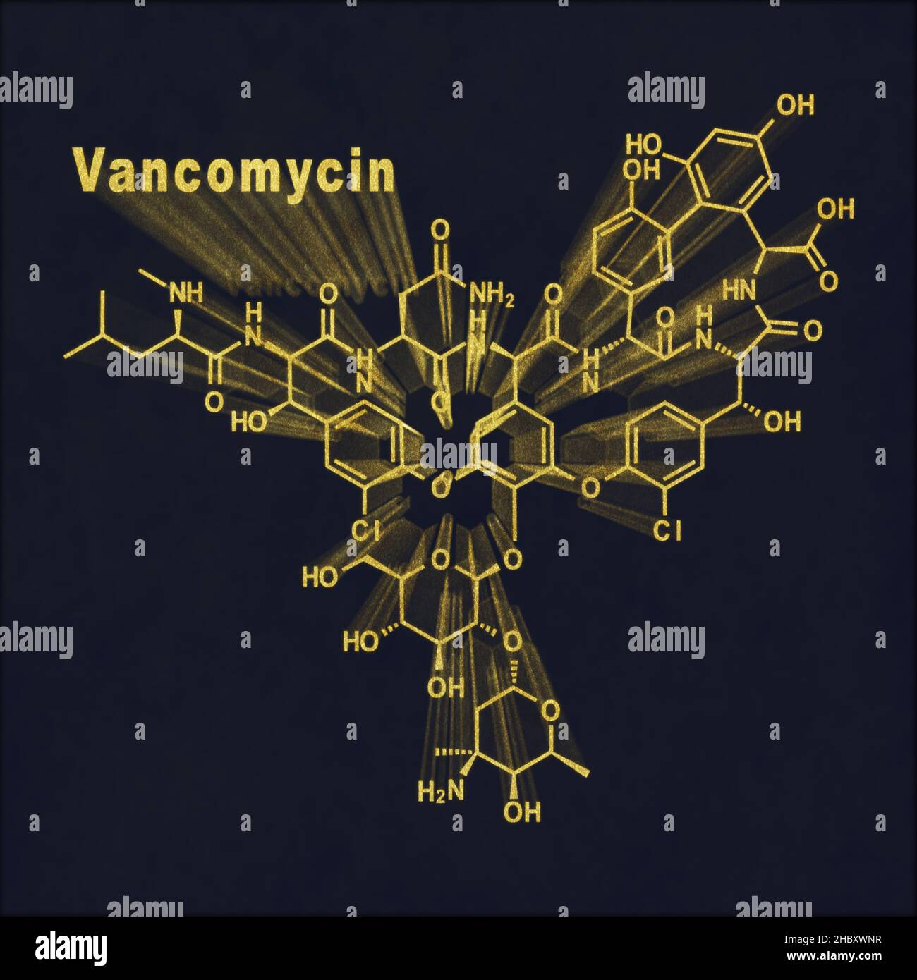 Vancomycin molecule, antibiotic, chemical structure gold on dark background Stock Photo