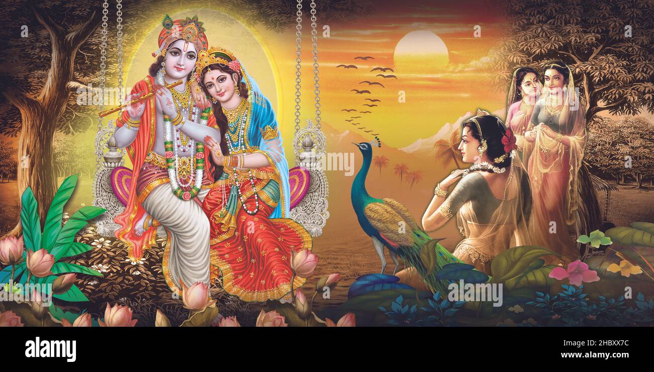 Radha Krishna, Lord Krishna, Radha Krishna Painting with colorful background Stock Photo