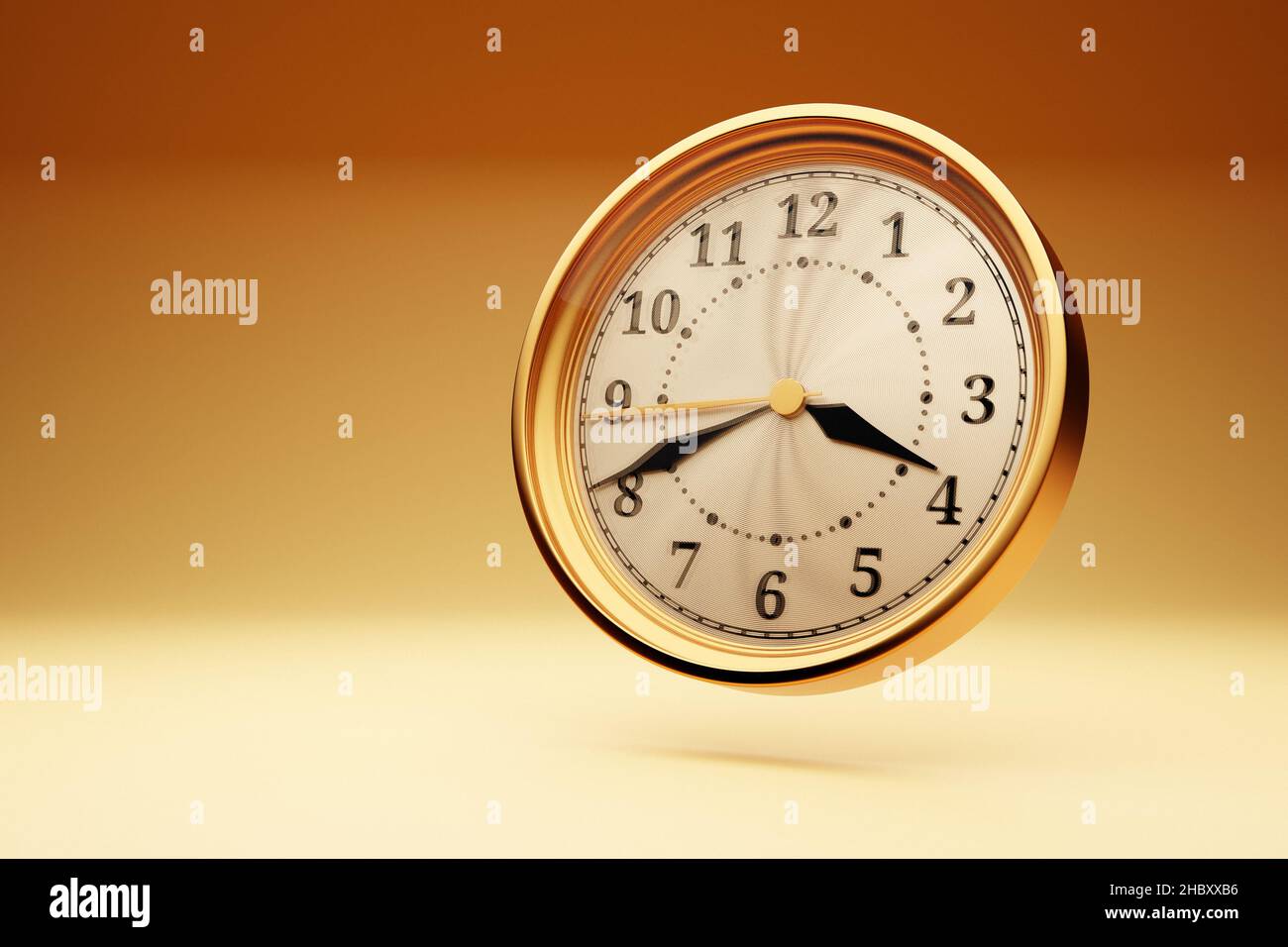 3d illustration  antique golden round clock on orange isolated background. Stopwatch icon, logo. Chronometer, vintage timer Stock Photo