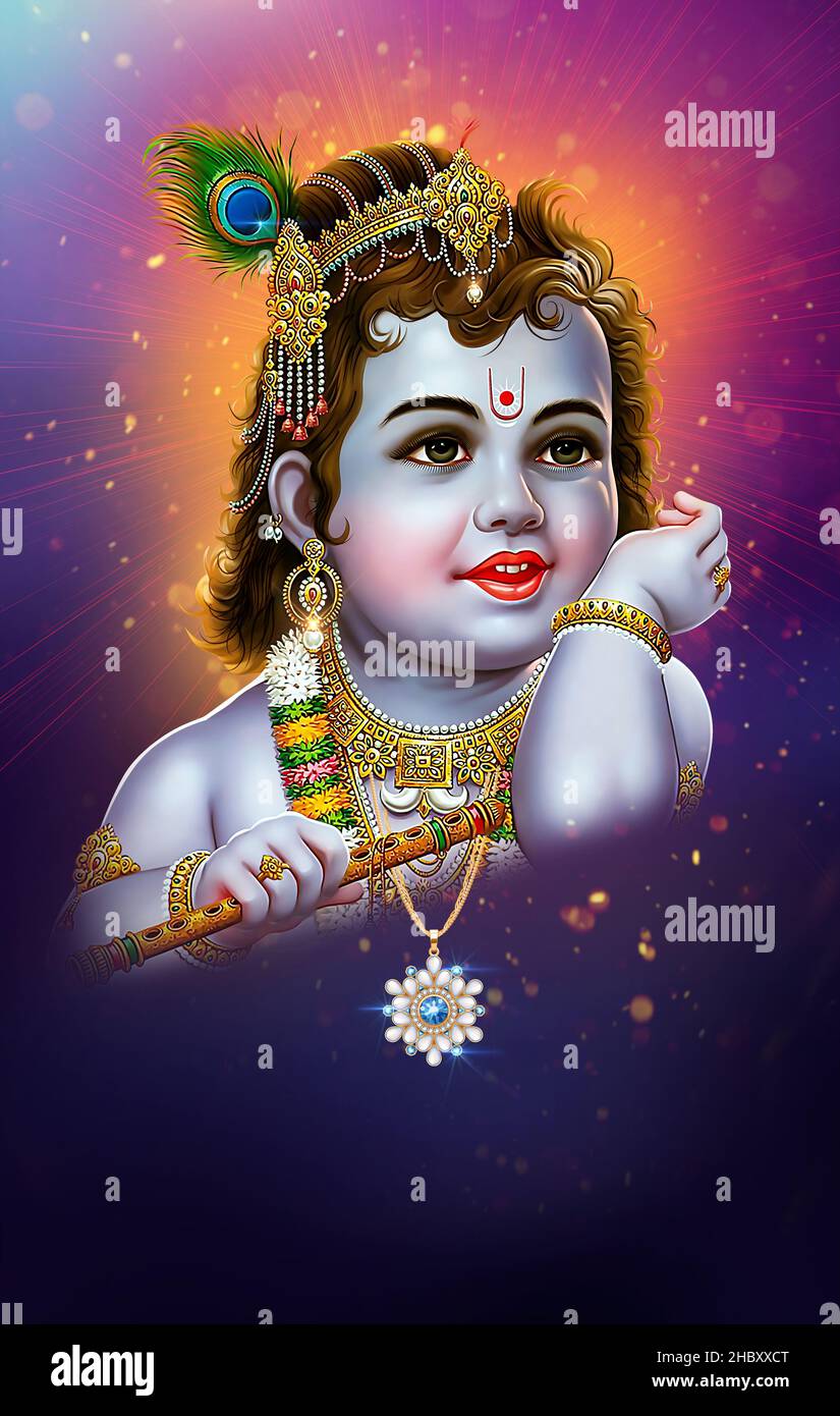 Young Krishna with flute and sporting a pendant painting art Stock