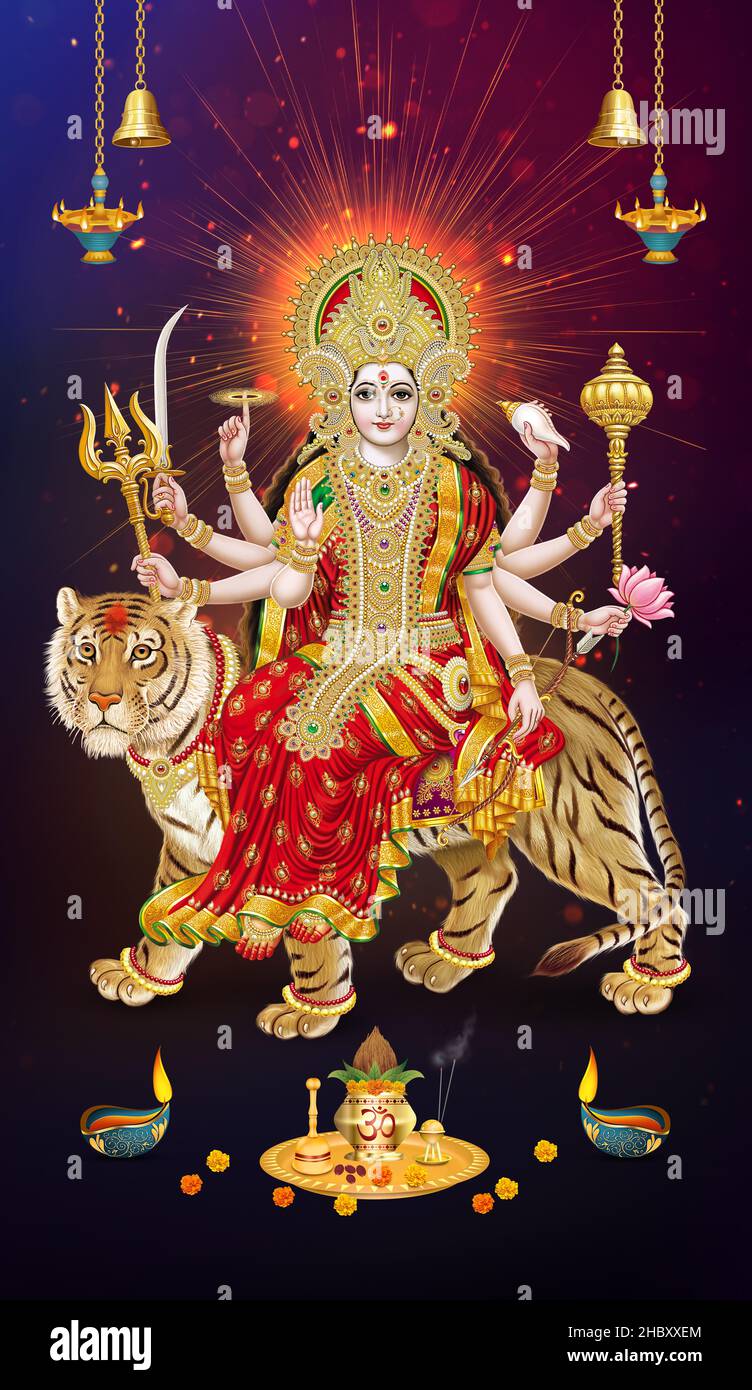 Indian lord Durga goddess with pooja materials and lamps digital ...