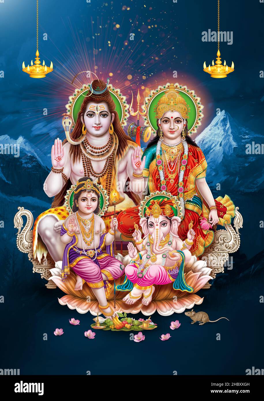 lord Shiva Family in kailas background digital art Stock Photo