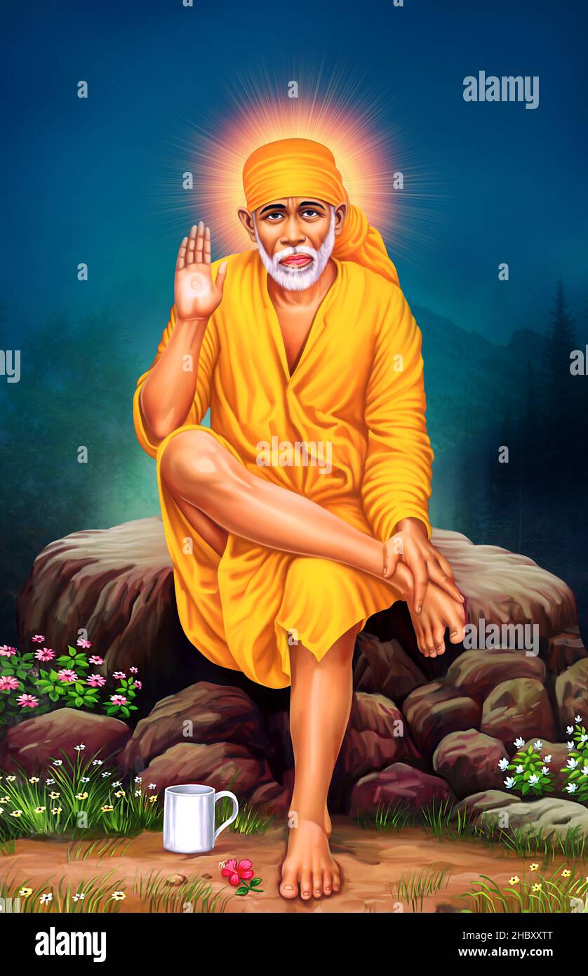 Sai baba Indian God on a rock and showering blessings Stock Photo