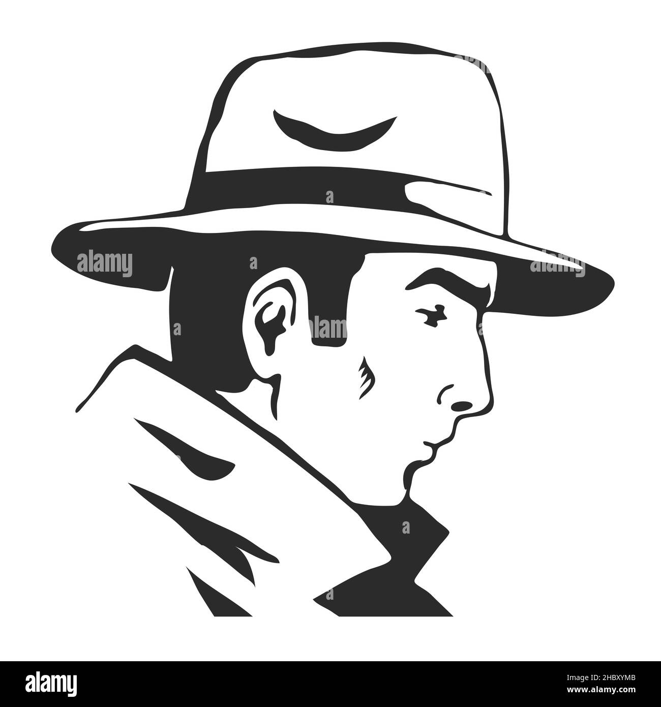 Portrait of detective man in retro hat. Investigation and search for evidence. Vector black sketch illustration pop art on white background Stock Vector