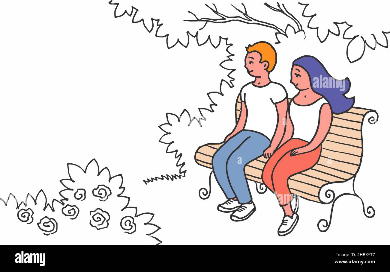 Young couple are resting in the park. A guy and a girl are sitting on a bench under a tree. Vector art illustration with place for text Stock Vector