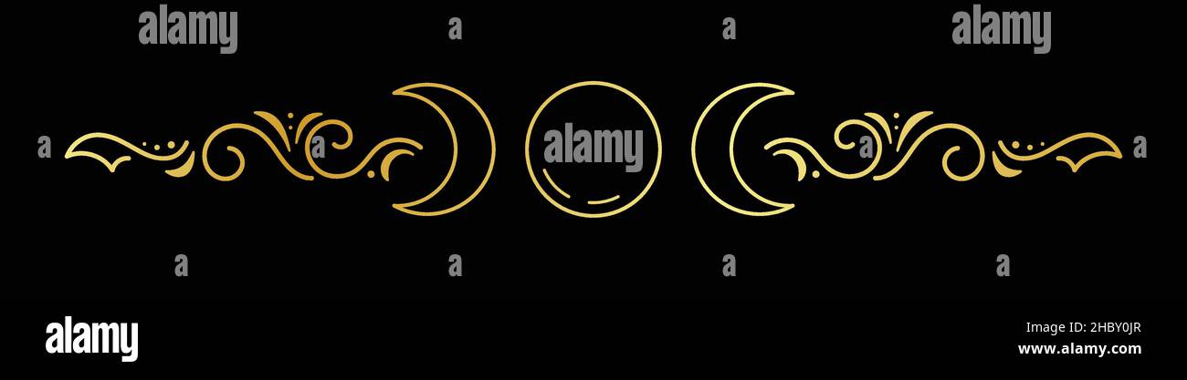 Abstract golden long ornament with moon, curls and dots on a black background Stock Vector