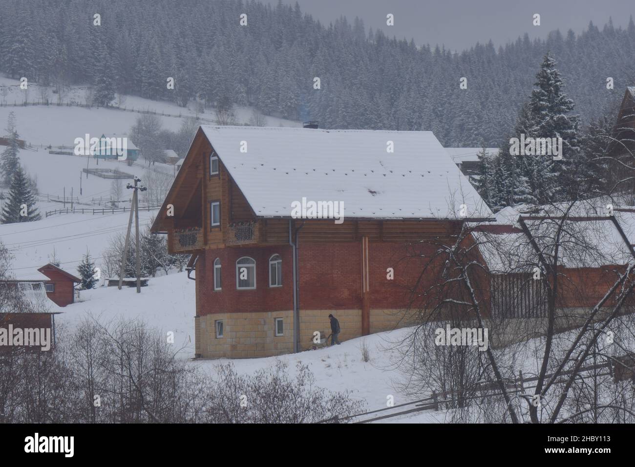 A landscape view of snow-capped houses and pine trees in winter Stock ...
