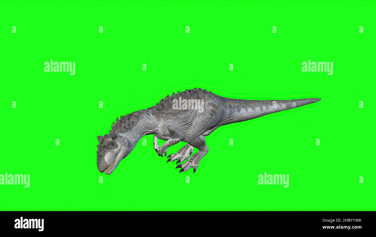 3d illustration-Allosaurus Walking On Green Screen Background. World of Dinosaurs Stock Photo