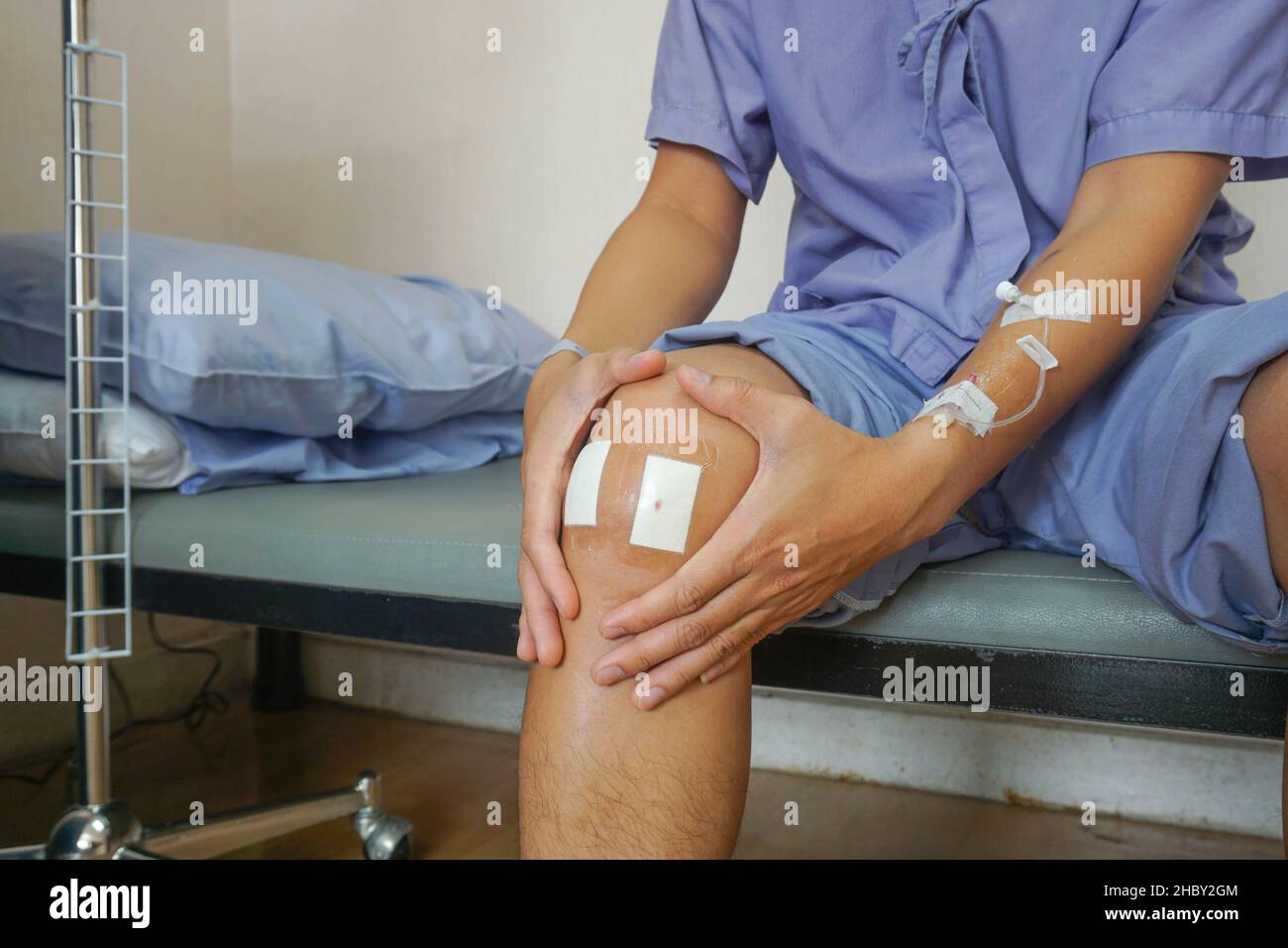 Lesion from surgery knee orthopedic pillow tear.By means of laparoscopy. Stock Photo