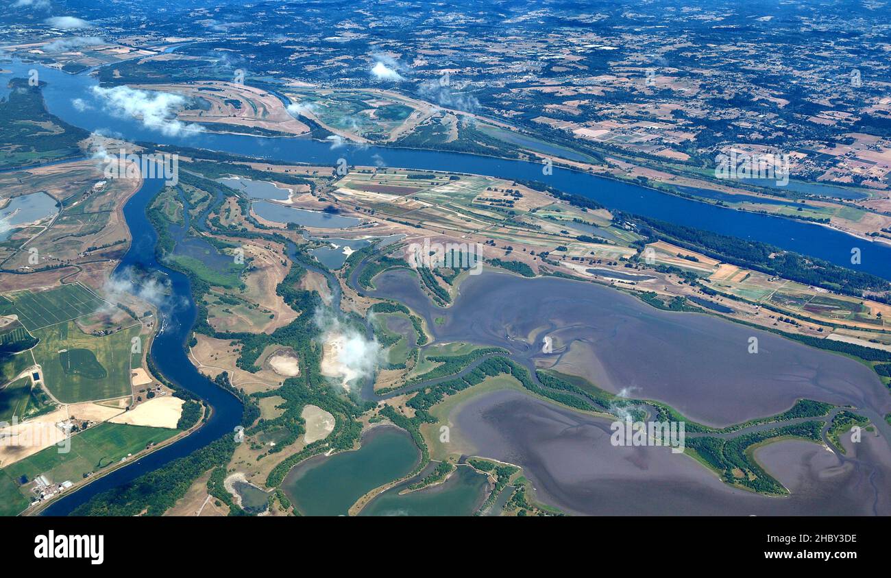 The Earth from above: Sauvie Island on the Columbia river in Oregon. Stock Photo