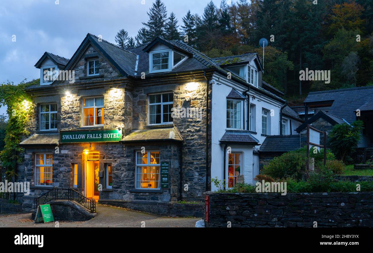 The Swallow Falls Hotel adjacent to the actual Falls, inbetween Capel Curig and Betws-Y-Coed, North Wales. Image taken in November 2021. Stock Photo