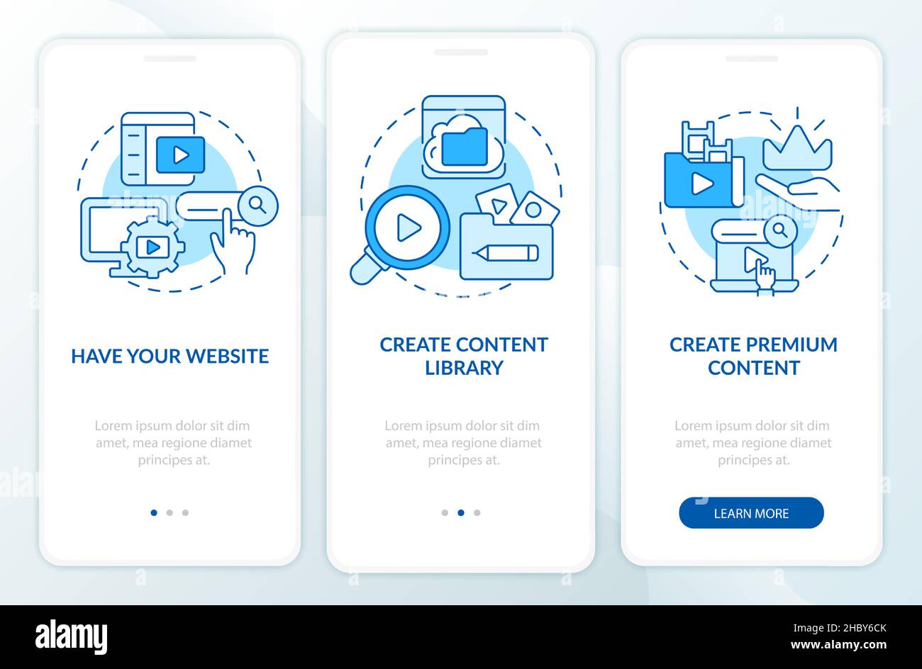 Video on demand blue onboarding mobile app screen Stock Vector