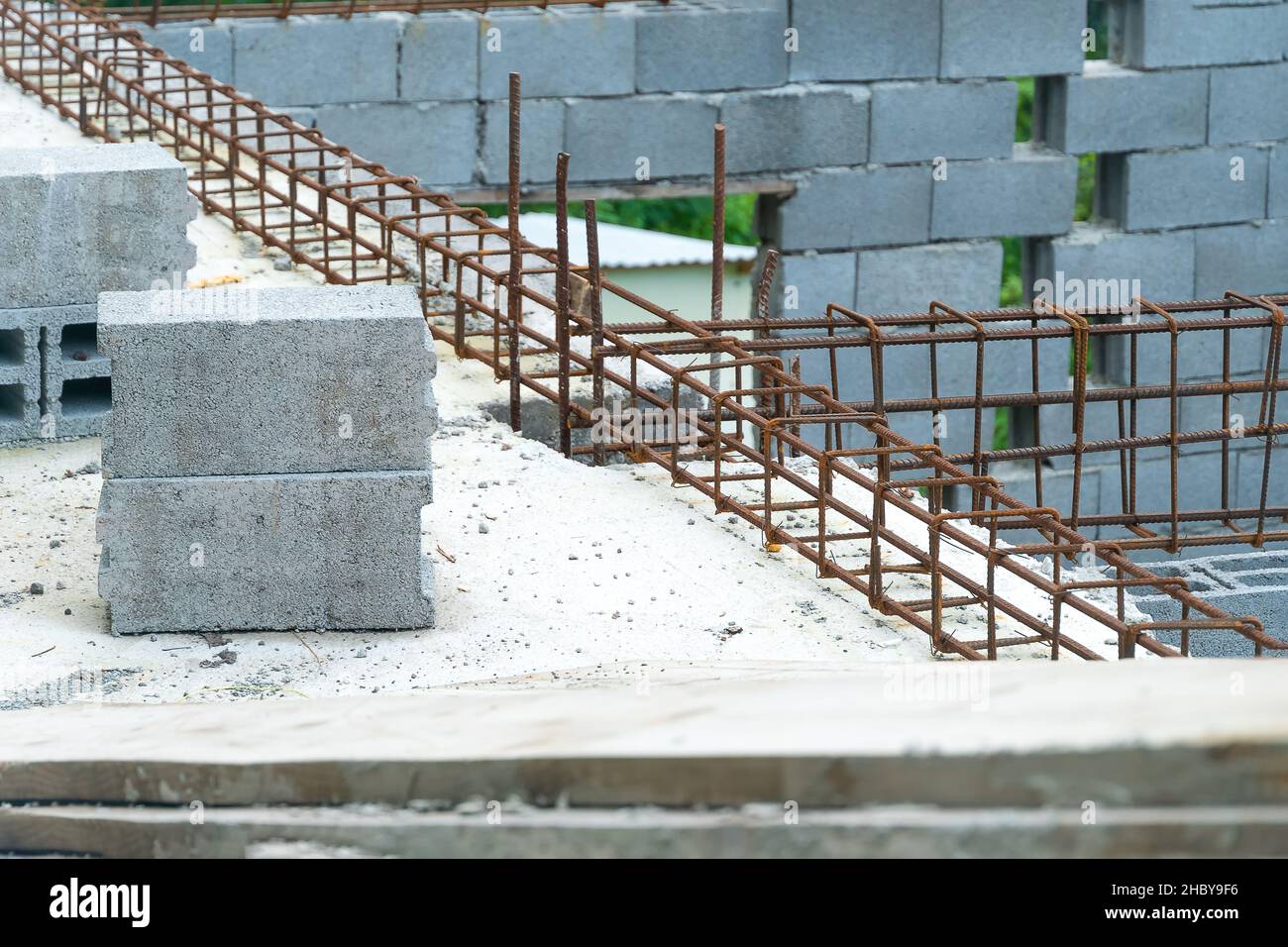 Closeup of blocks and fittings on a construction site. Stages of