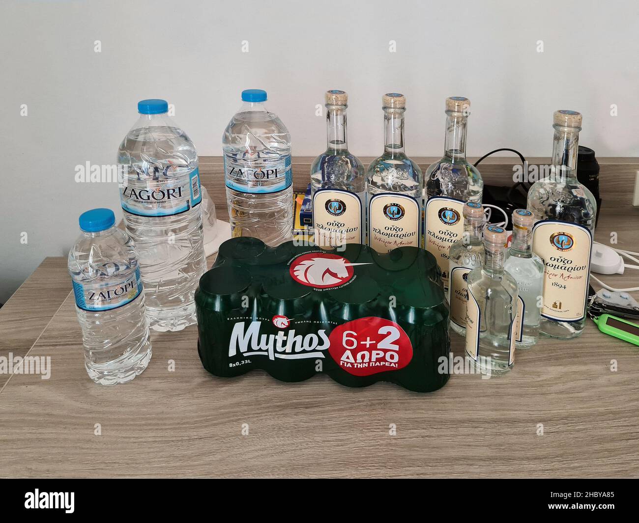 Greece, different traditional drinks like water, Ouzo and Beer Stock