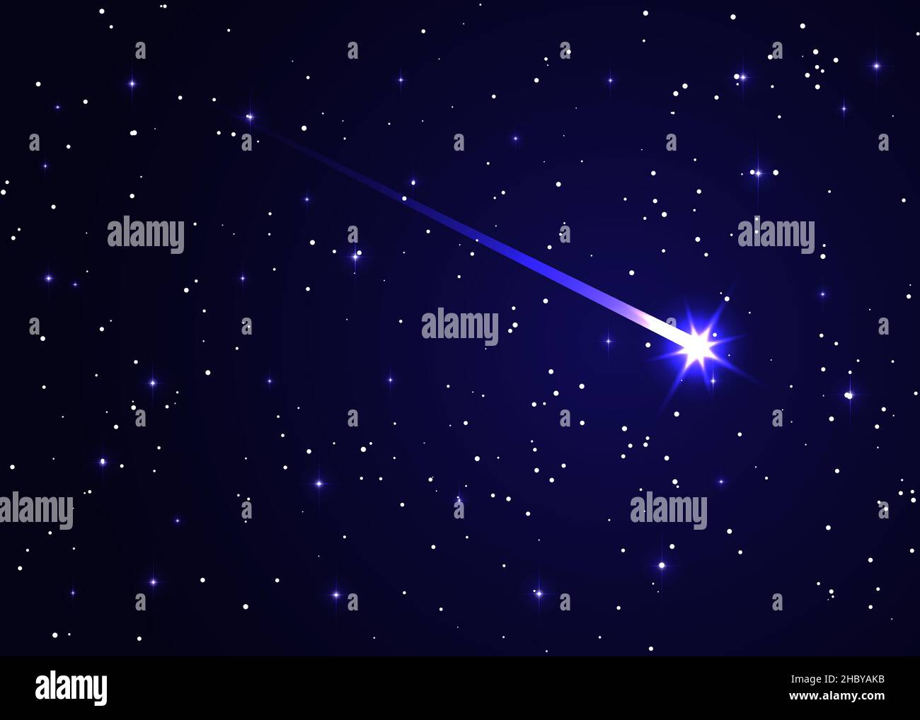 comet in the starry space sky, star and comet universe background. Astrology horizontal backdrop. Stardust in galaxy, shooting star against dark blue Stock Vector