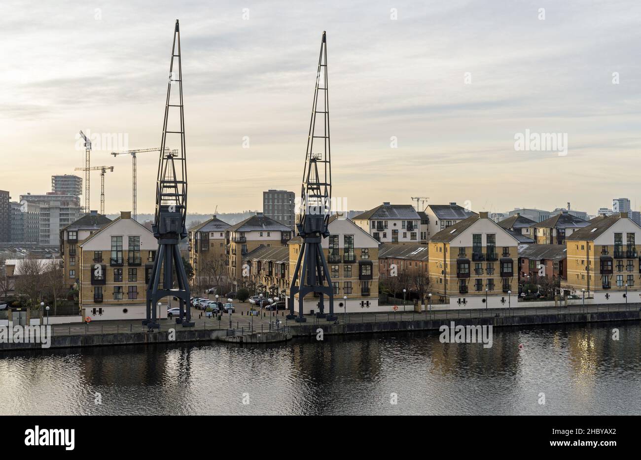 Old shipping container cranes at the Royal Victoria Docks in London's