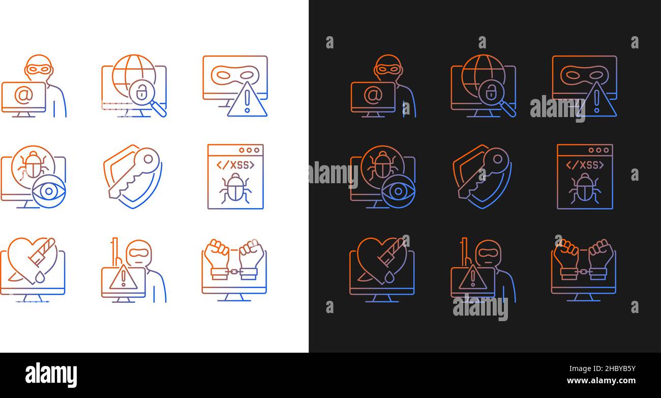 Cyber attacks types gradient icons set for dark and light mode Stock Vector