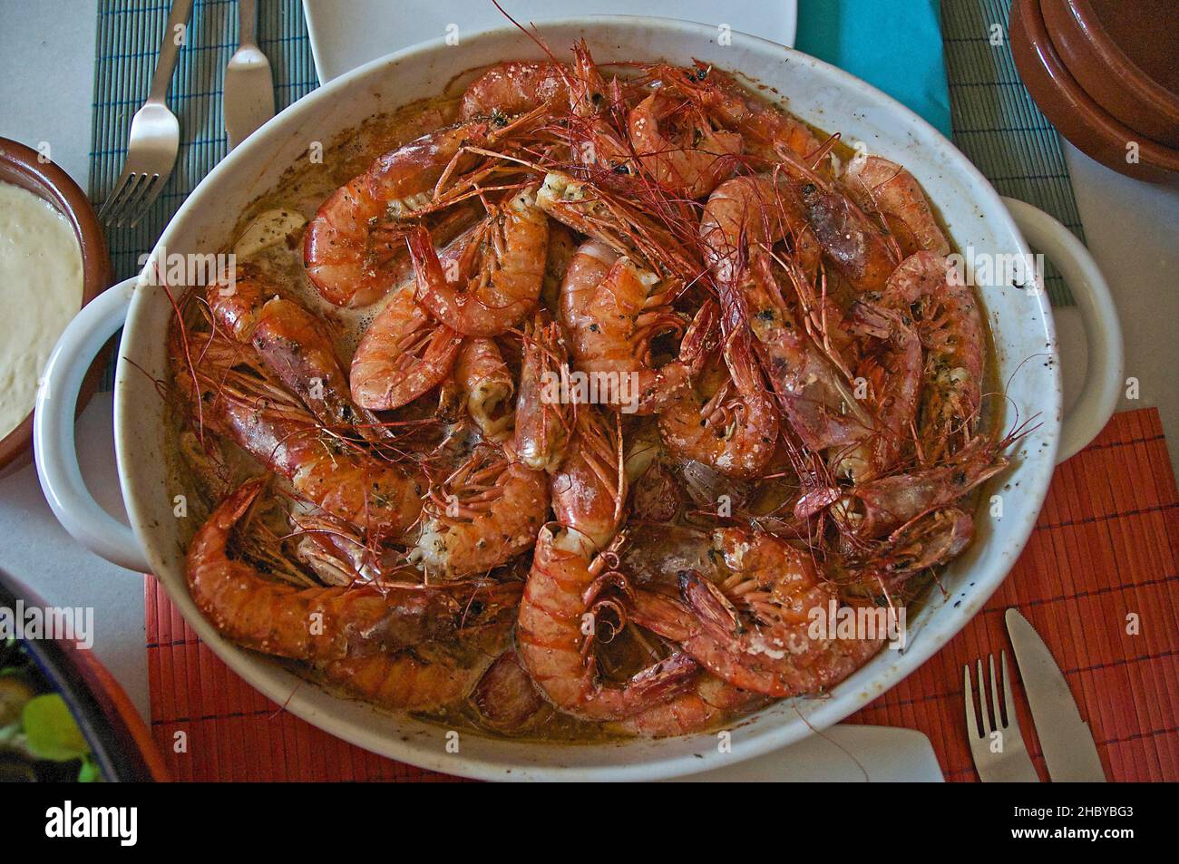 Fried prawns without head in shell, gambas al ajilo, top view, from ...
