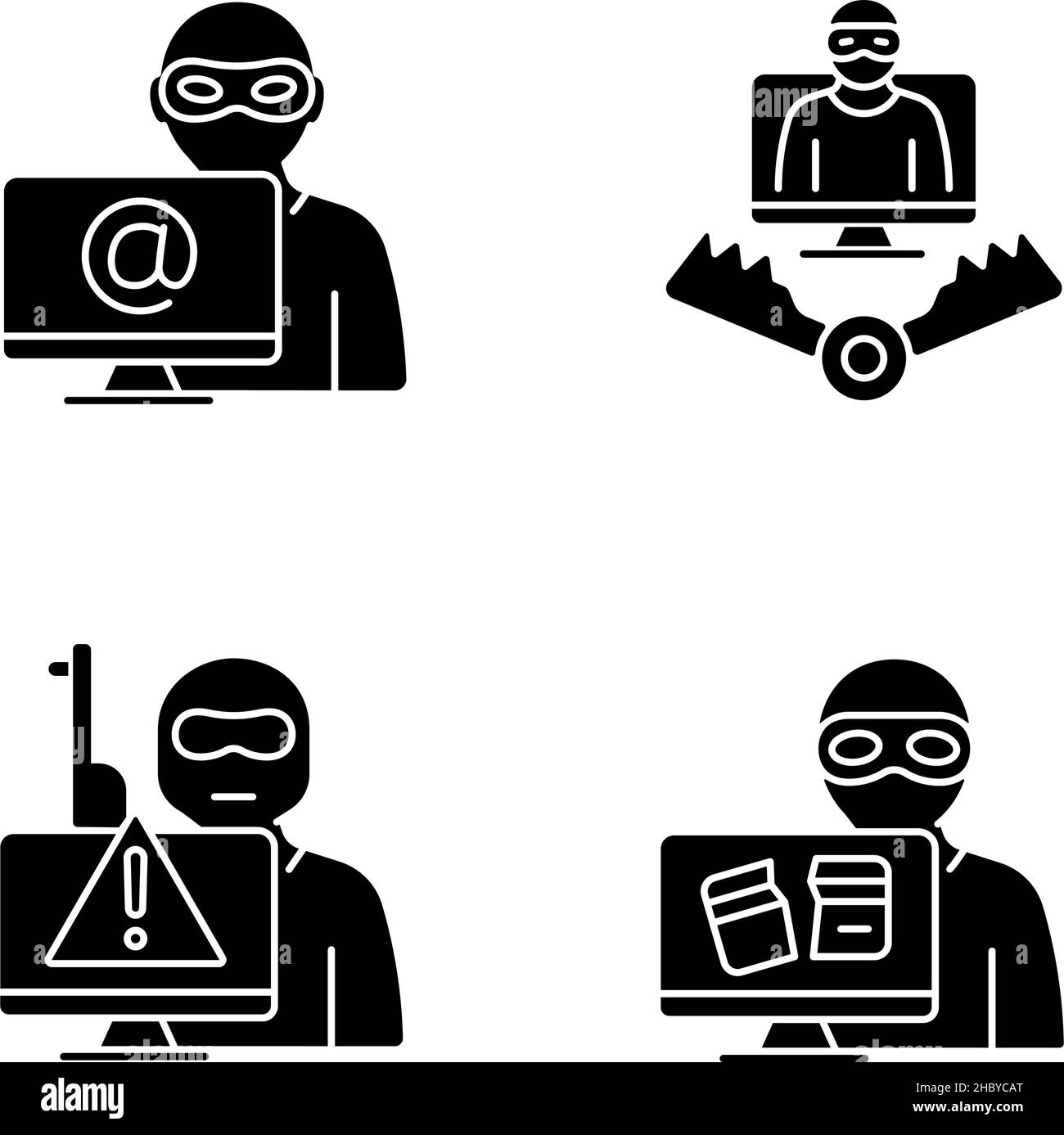 Cyber attacker black glyph icons set on white space Stock Vector