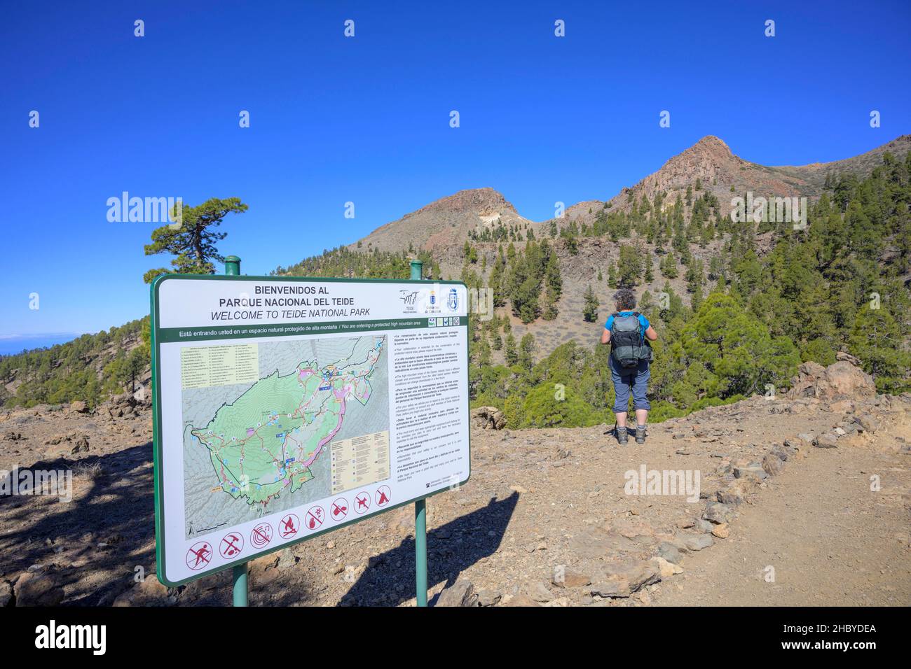 Sign with map about Teide National Park, Vilaflor, Tenerife, Spain Stock Photo