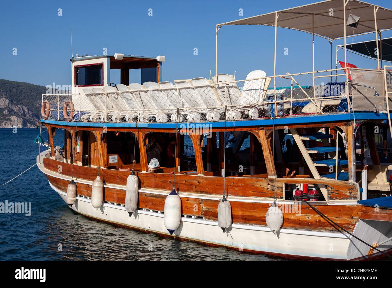 Moored pleasure yacht for travel by Mediterranian sea. Turunc, Turkey - September 4. 2021 Stock Photo