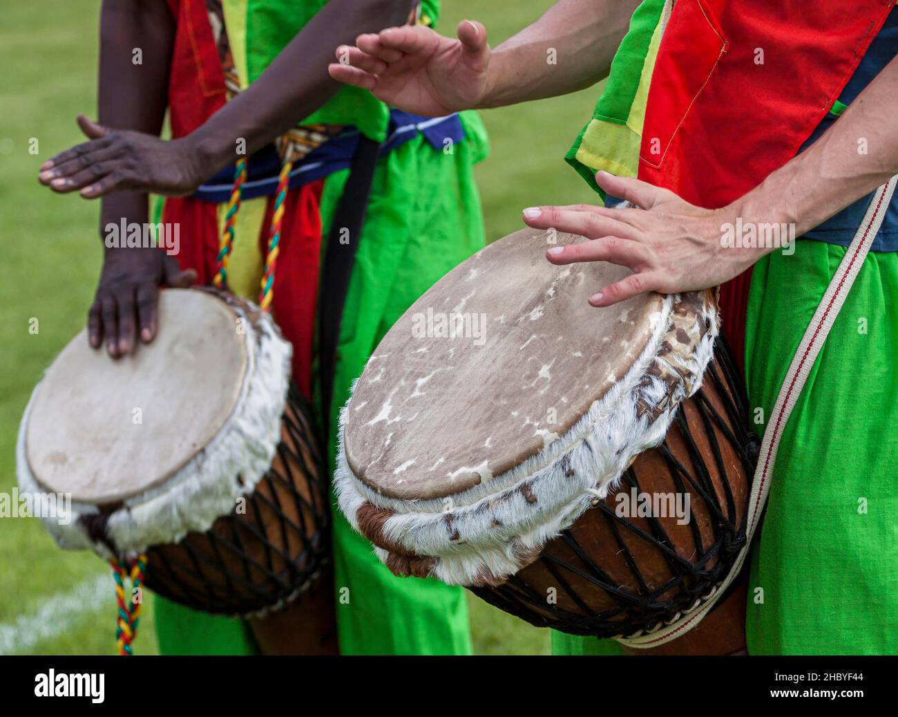 Musicians playing on an African djembe, Berlin, Germany Stock Photo