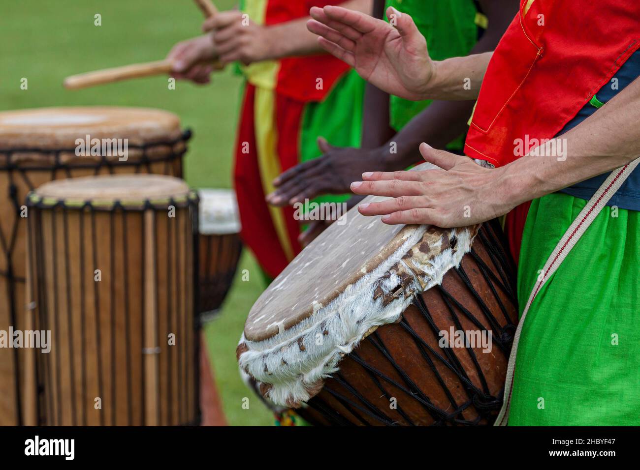 Musicians playing on an African djembe, Berlin, Germany Stock Photo