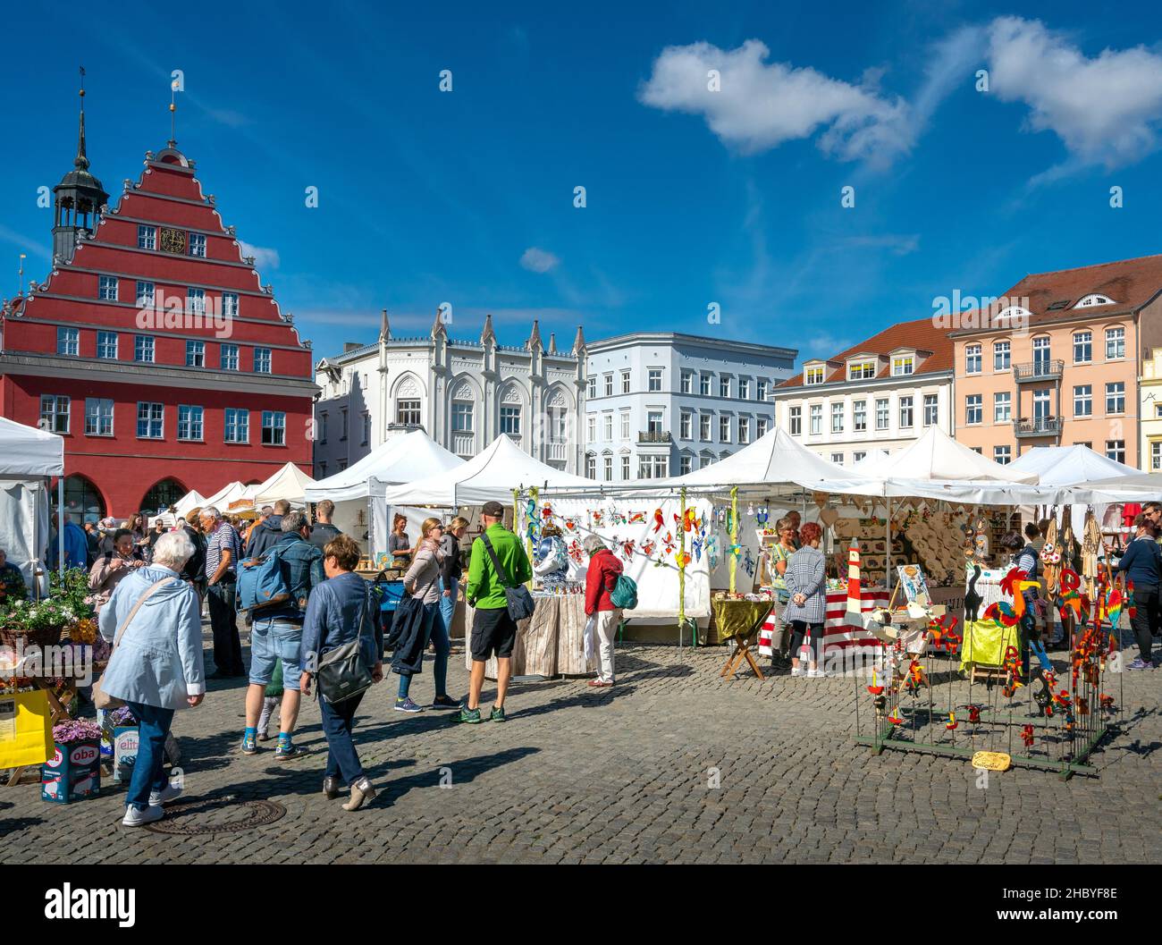 Market with arts and crafts articles, Greifswald, Germany Stock Photo