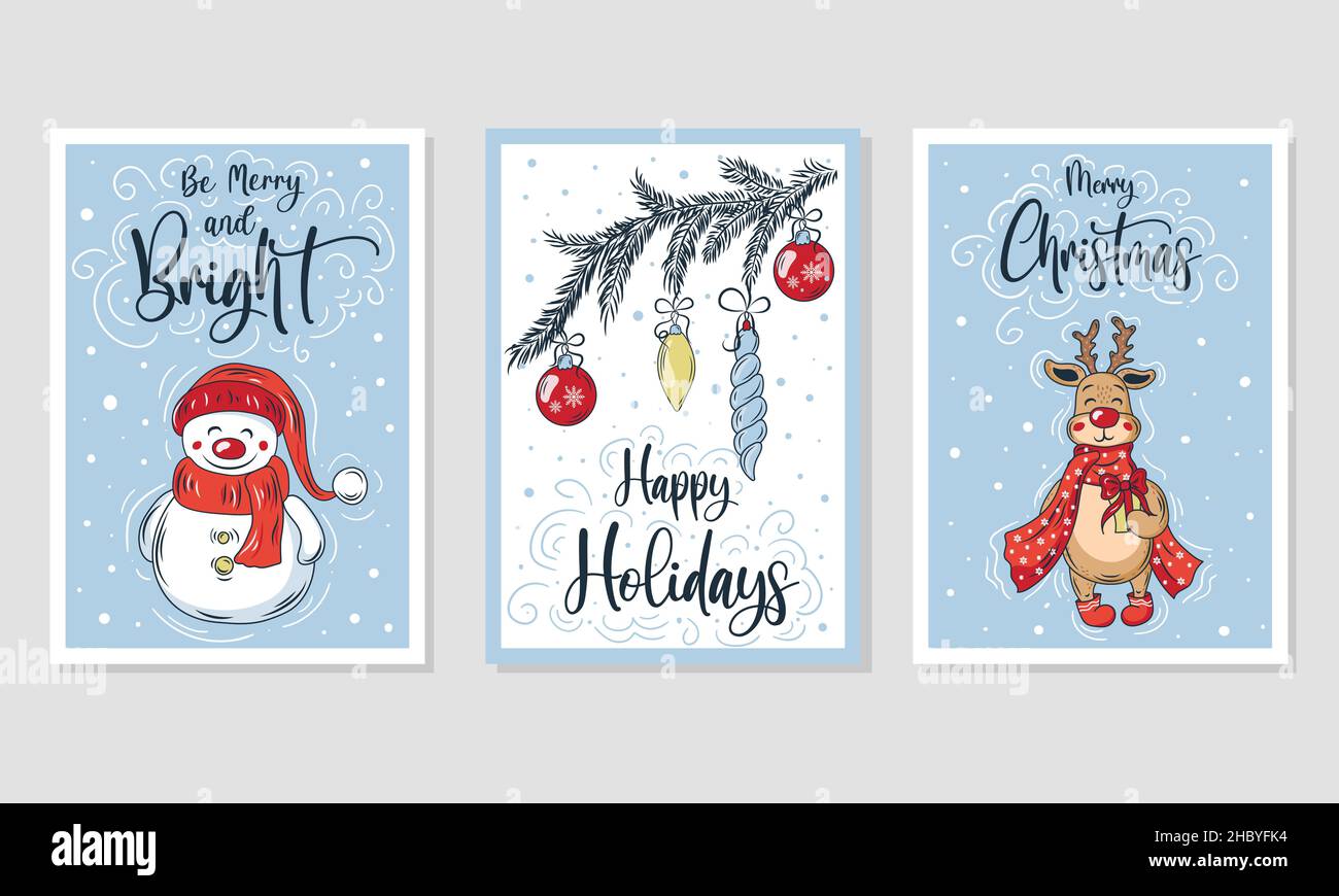 Set of Merry Christmas and Happy New Year greeting cards with handmade ...
