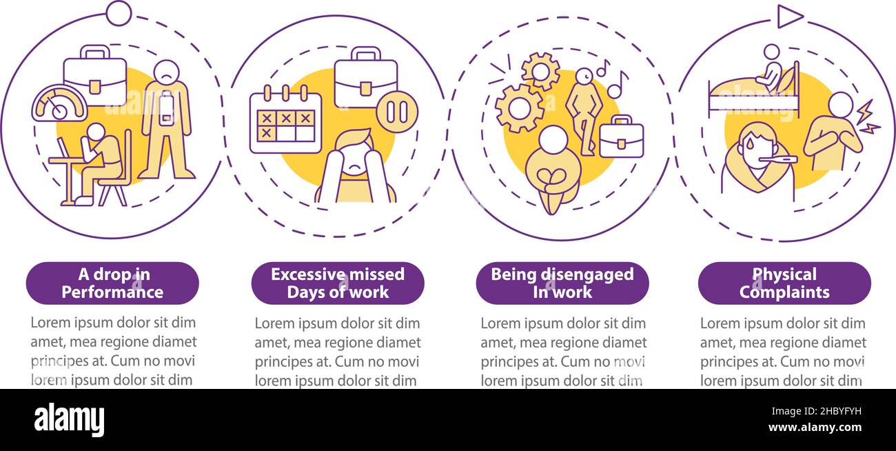 Workplace anxiety causes purple circle infographic template Stock Vector