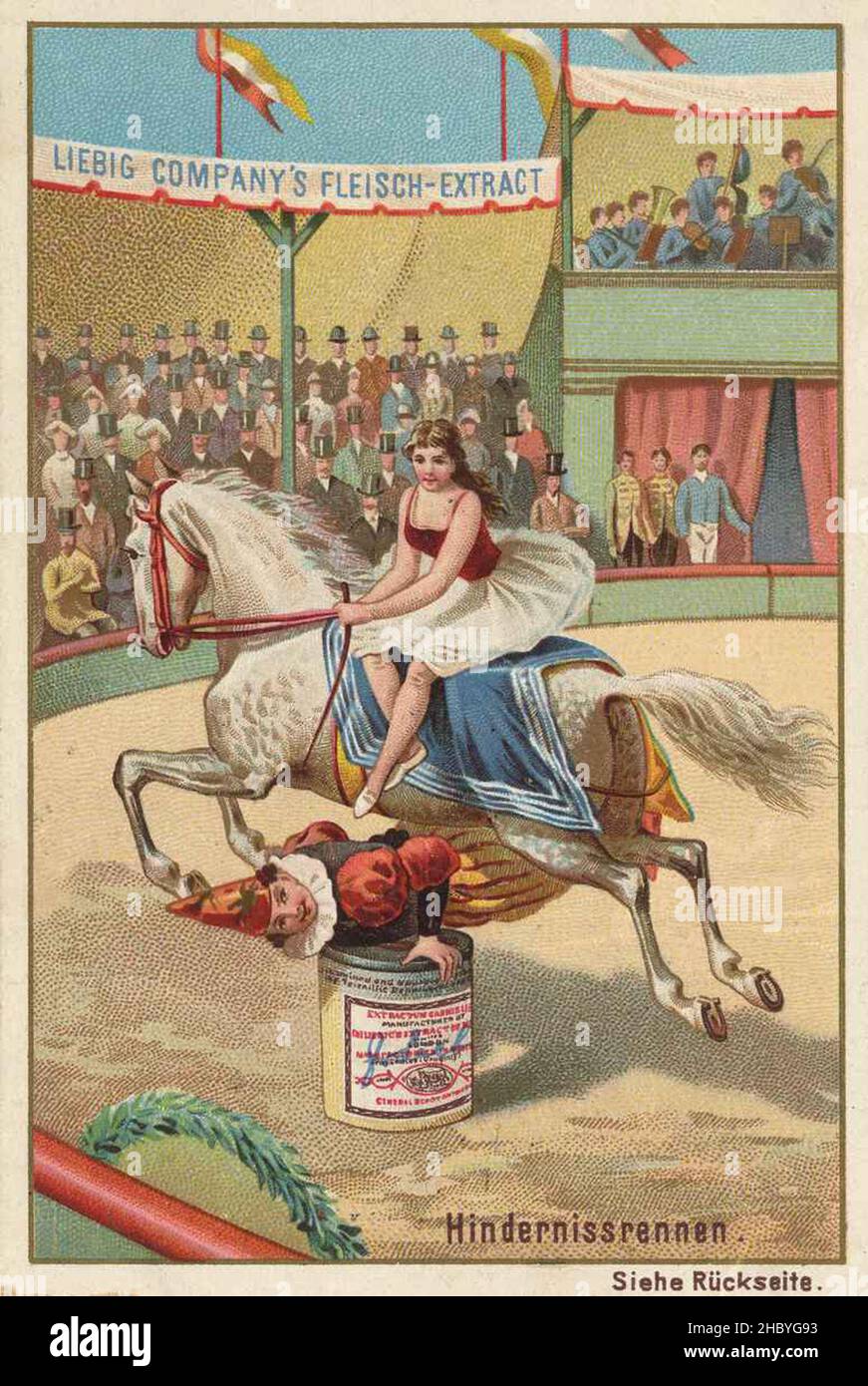 Serie Pferdedressur im Zirkus, Hindernissrennen  /  Series horse dressage in the circus, obstacle racing, Liebigbild, digital improved reproduction of a collectible image from the Liebig company, estimated from 1900, pd  /  digital restaurierte Reproduktion eines Sammelbildes von ca 1900, gemeinfrei, Stock Photo