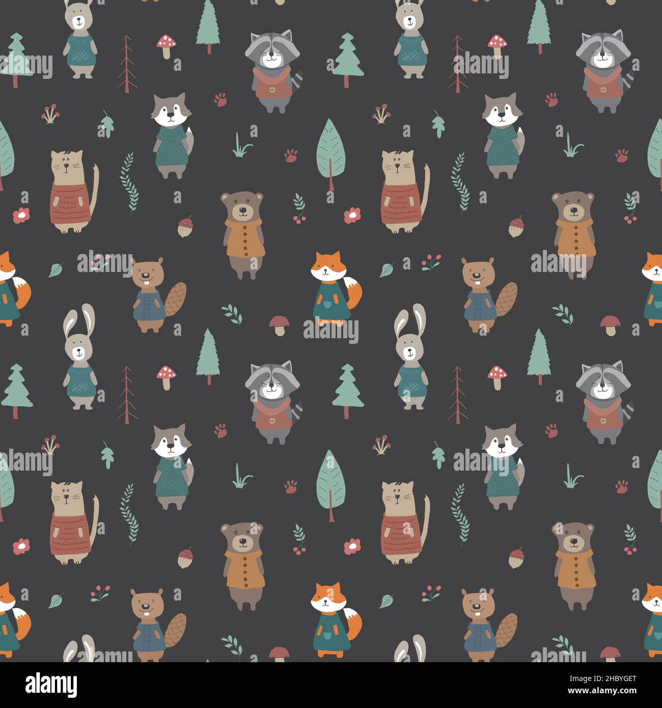 Cute animals Seamless pattern. Cartoon Animals in forest background ...