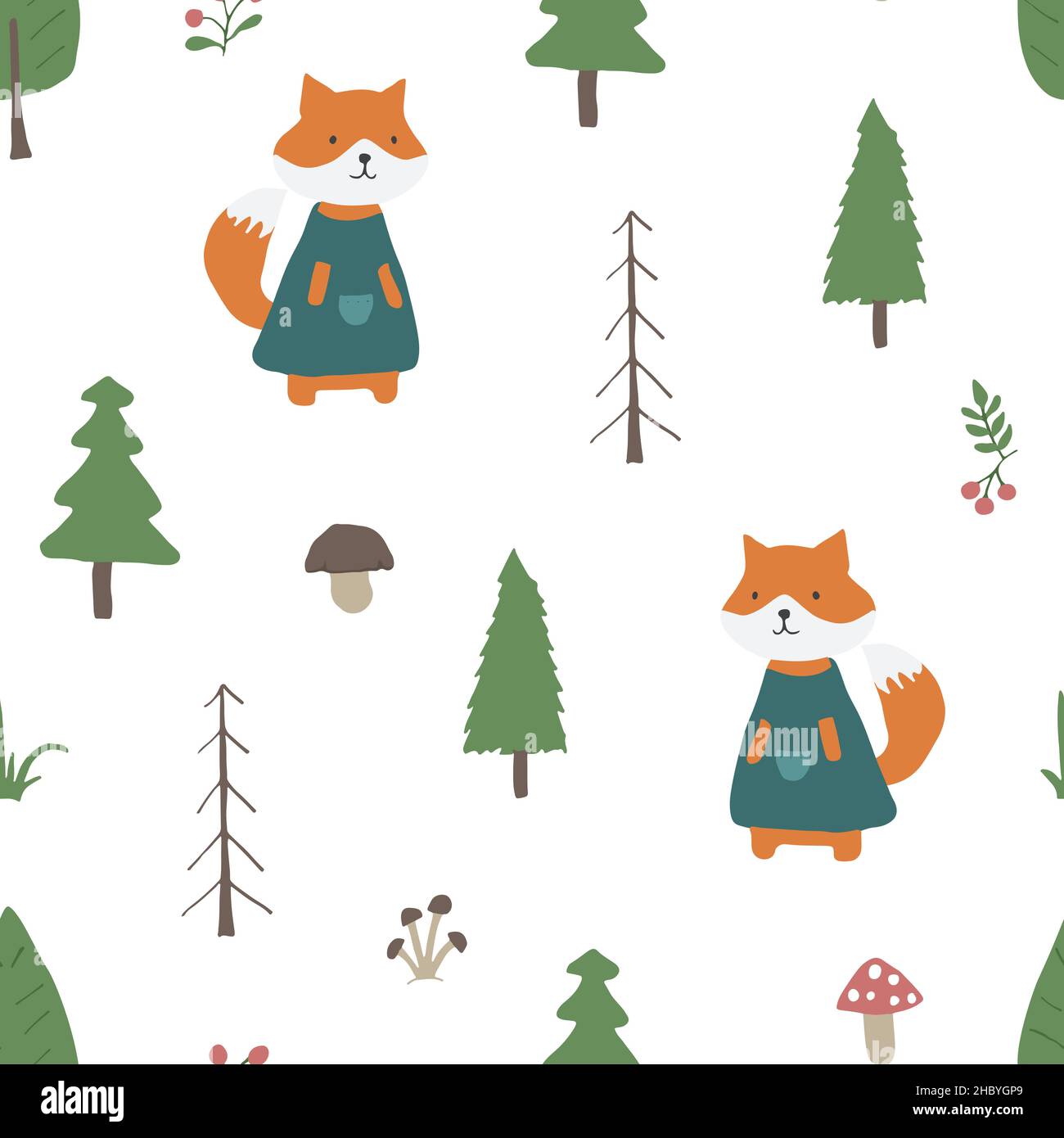 Cute Fox Seamless pattern. Cartoon Animals in forest background. Vector ...