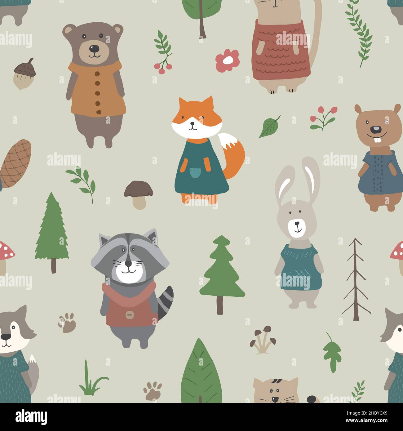 Cute animals Seamless pattern. Cartoon Animals in forest background ...