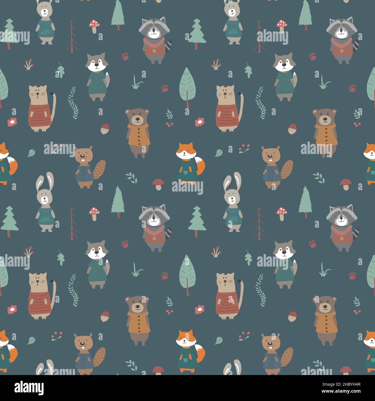 Cute animals Seamless pattern. Cartoon Animals in forest background ...