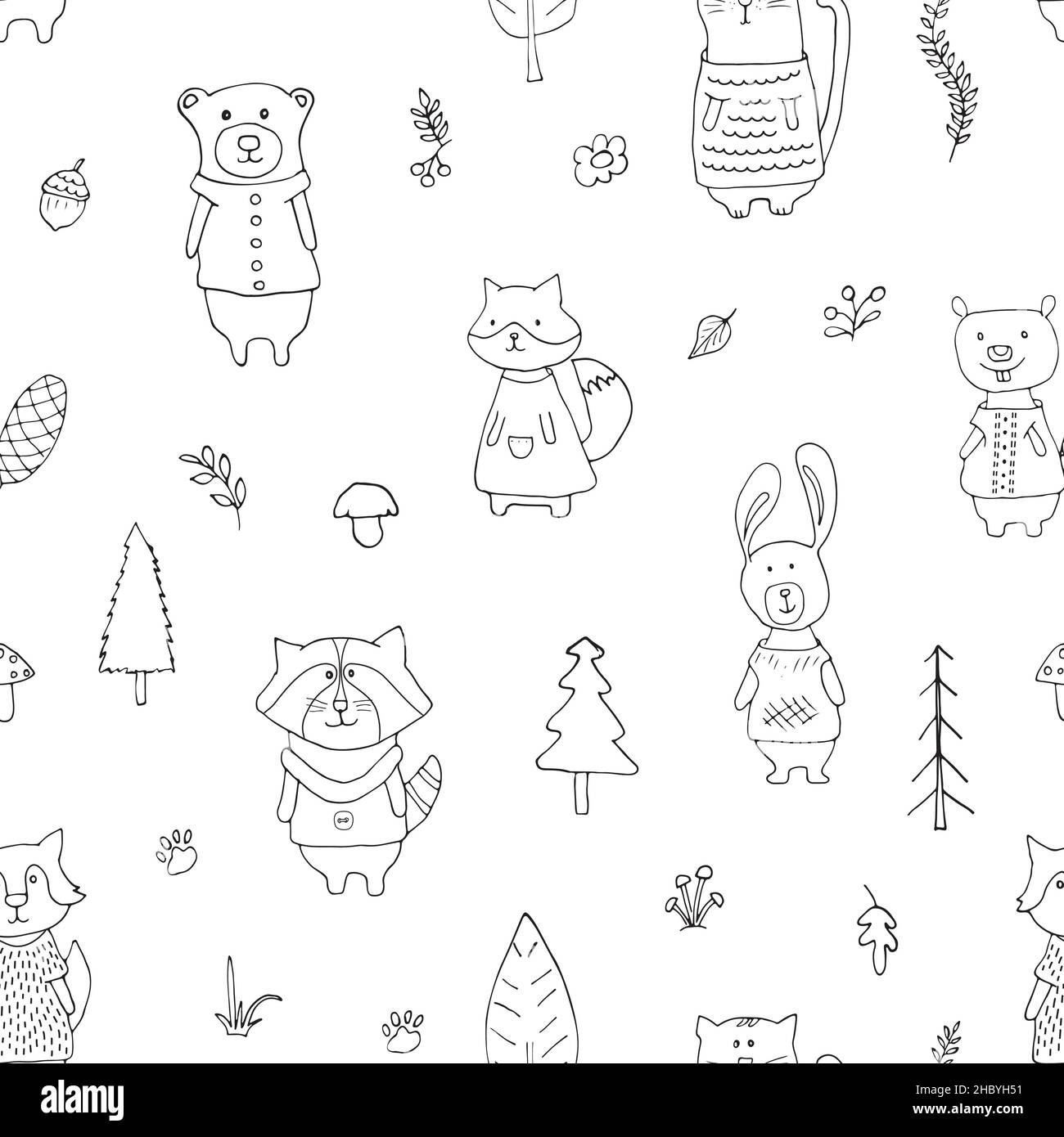 Cute animals Seamless pattern. Cartoon Animals in forest background ...
