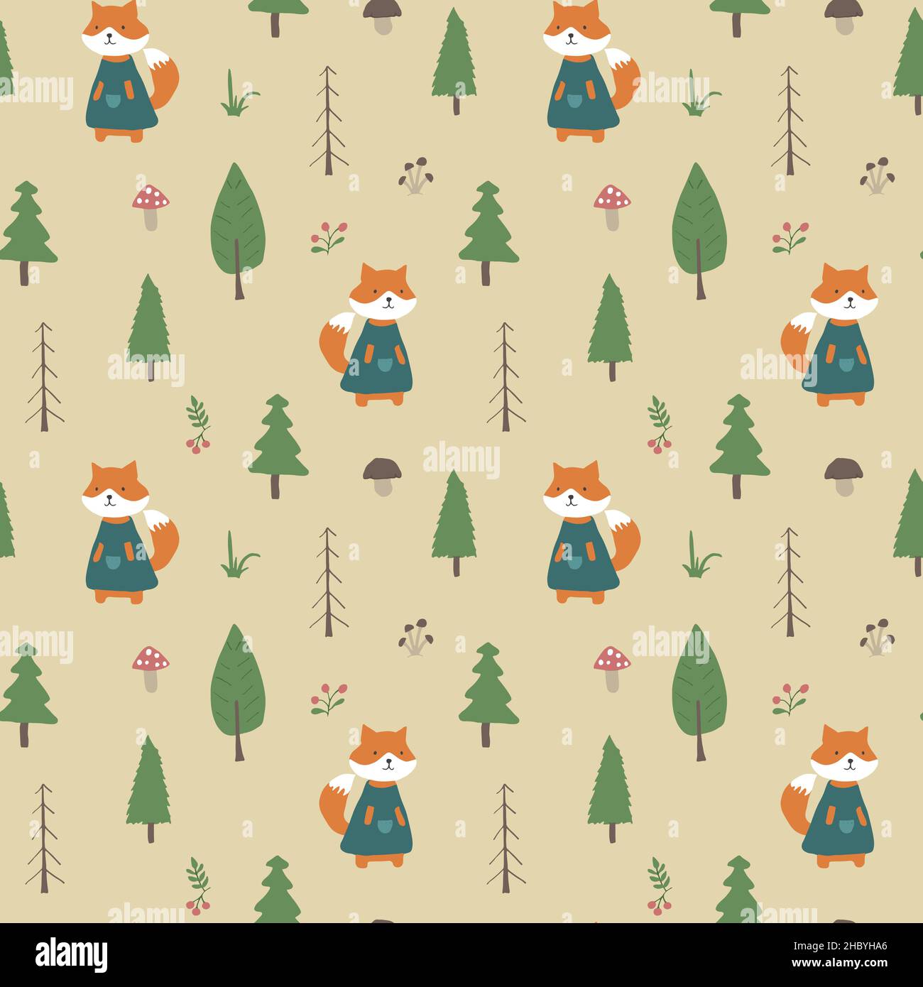 Cute Fox Seamless pattern. Cartoon Animals in forest background. Vector ...