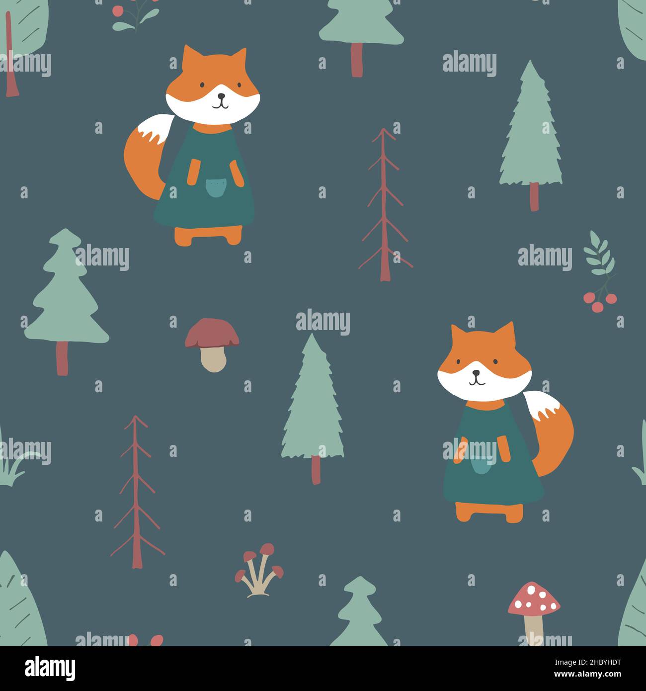 Cute Fox Seamless pattern. Cartoon Animals in forest background. Vector ...