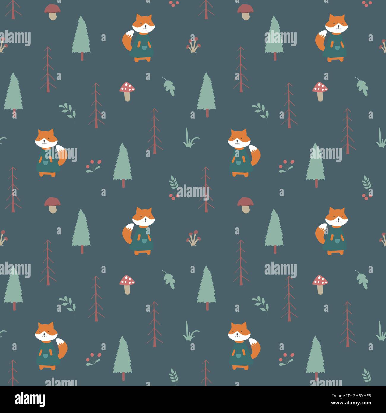 Cute Fox Seamless pattern. Cartoon Animals in forest background. Vector ...