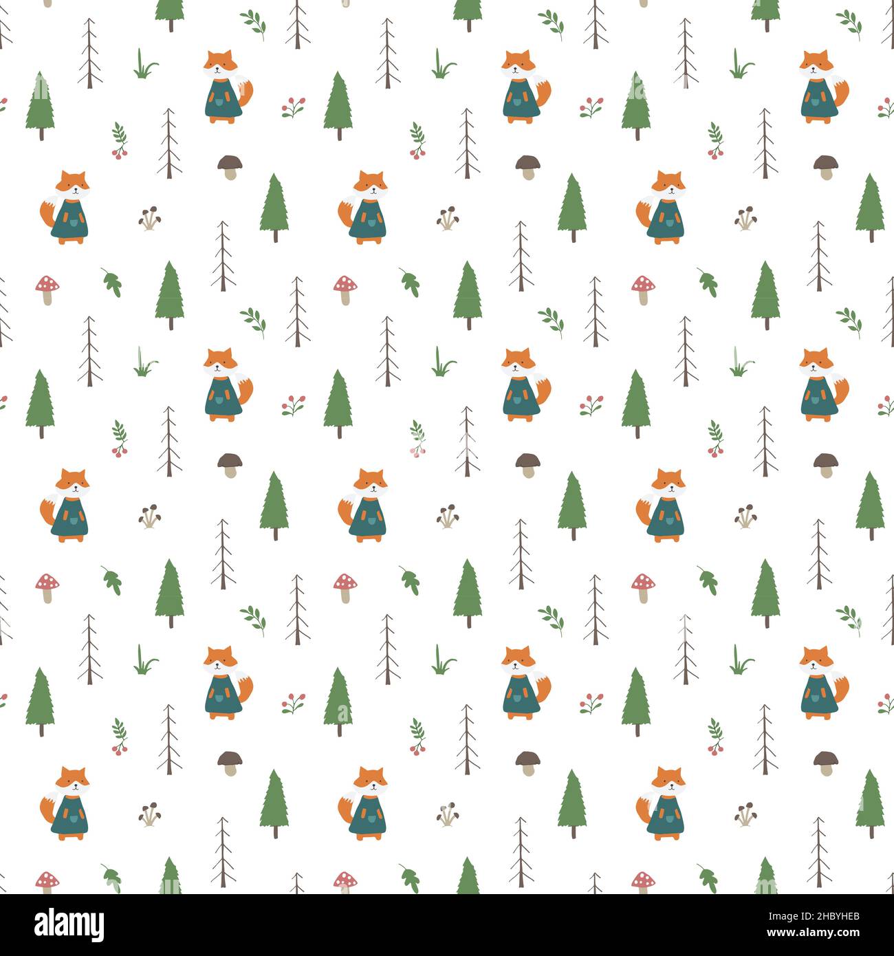 Cute Fox Seamless pattern. Cartoon Animals in forest background. Vector ...