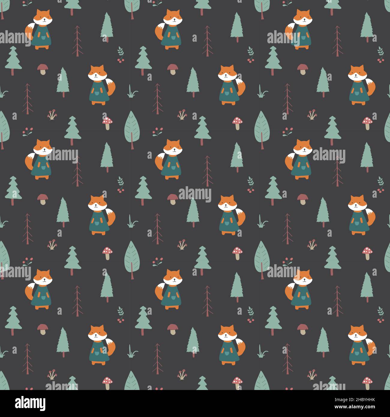 Cute Fox Seamless pattern. Cartoon Animals in forest background. Vector ...