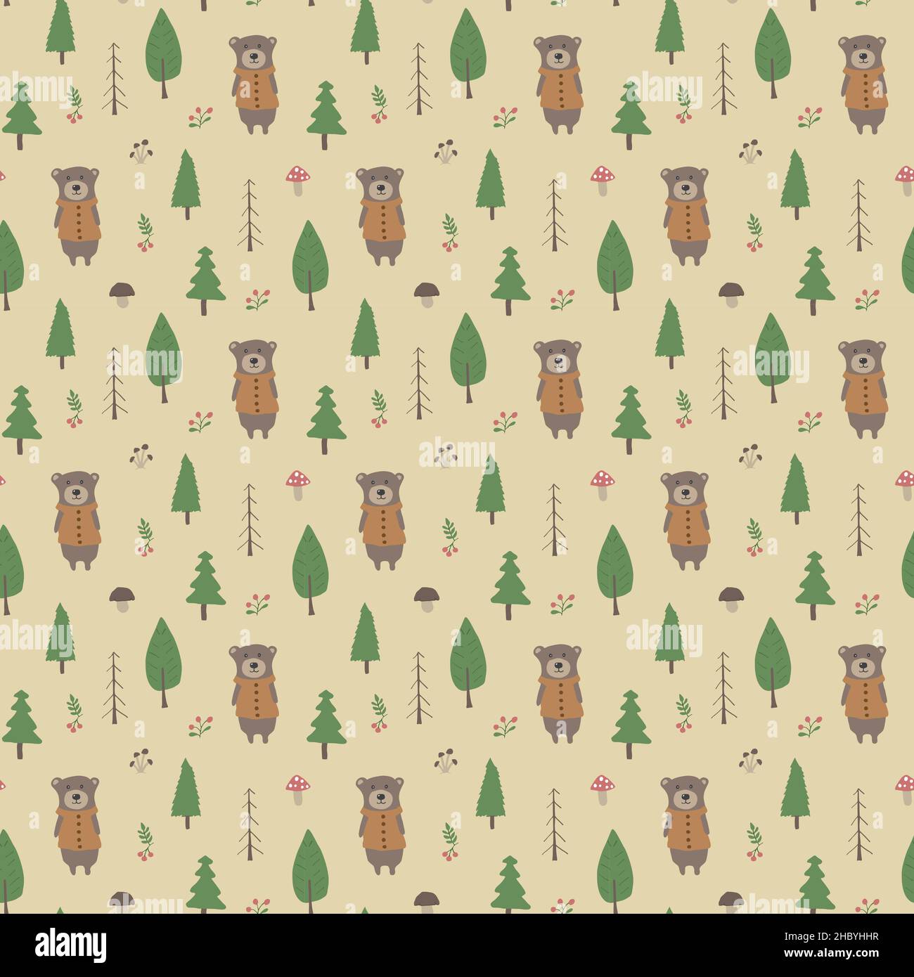 Cute bear Seamless pattern. Cartoon Animals in forest background ...